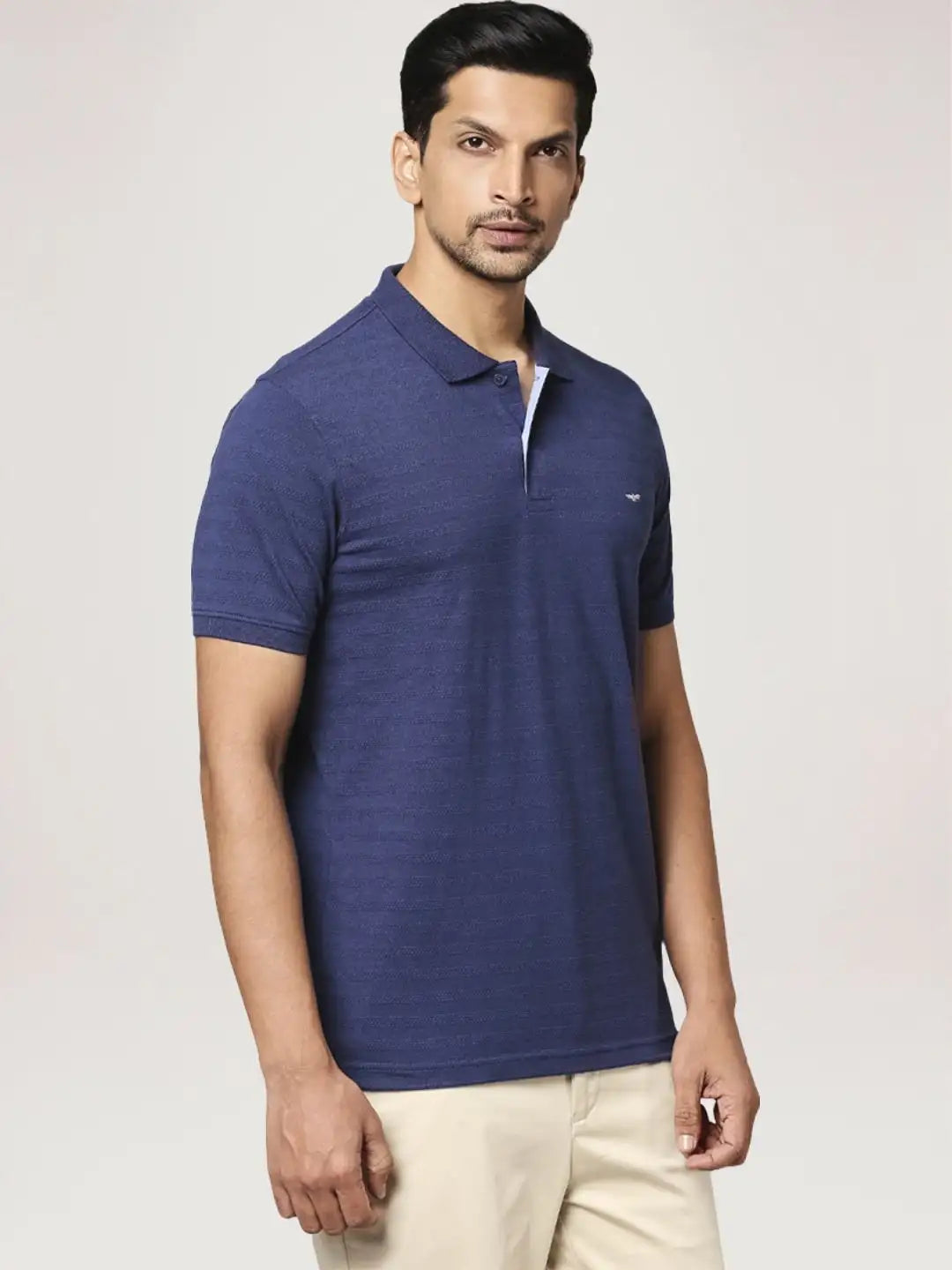 Men Blue Slim Fit Solid Cotton Polyester Blend Round Neck Collar Polo T-Shirt