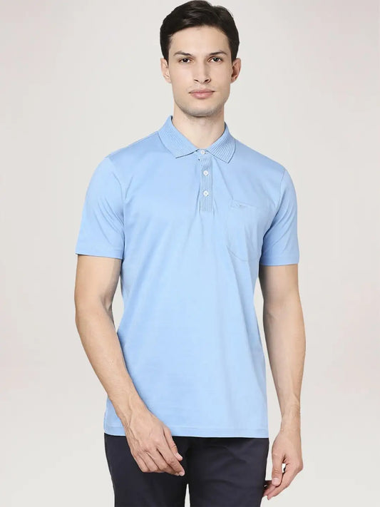 Men Blue Slim Fit Solid Cotton Round Neck Collar Polo T-Shirt
