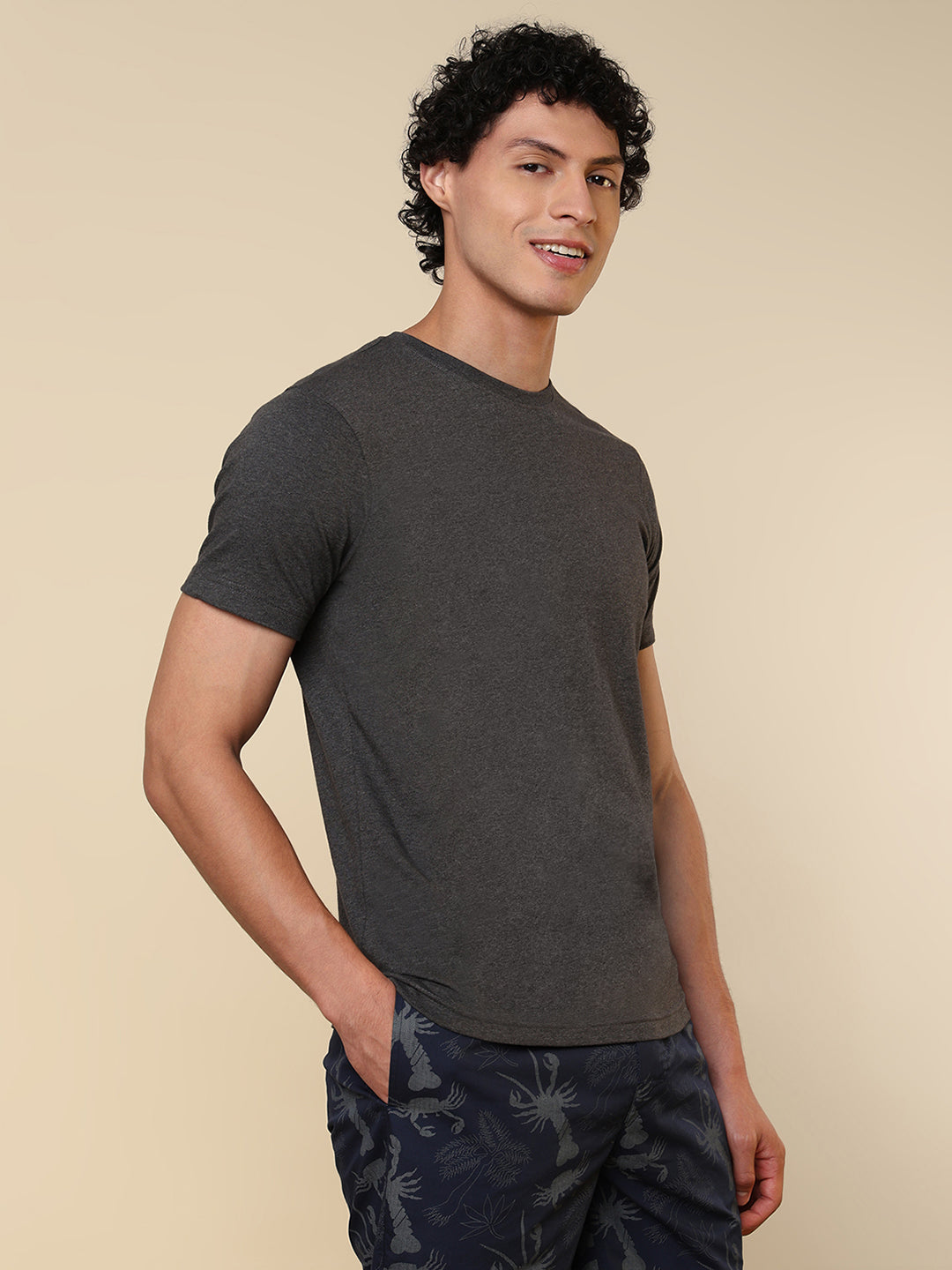 Sleepz Men Grey Solid Regular Fit Cotton T-Shirt