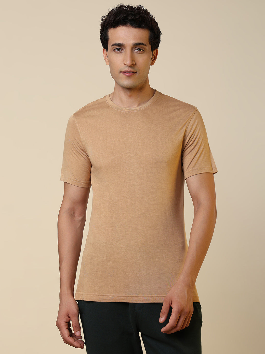 Sleepz Men Brown Solid Regular Fit Bamboo T-Shirt