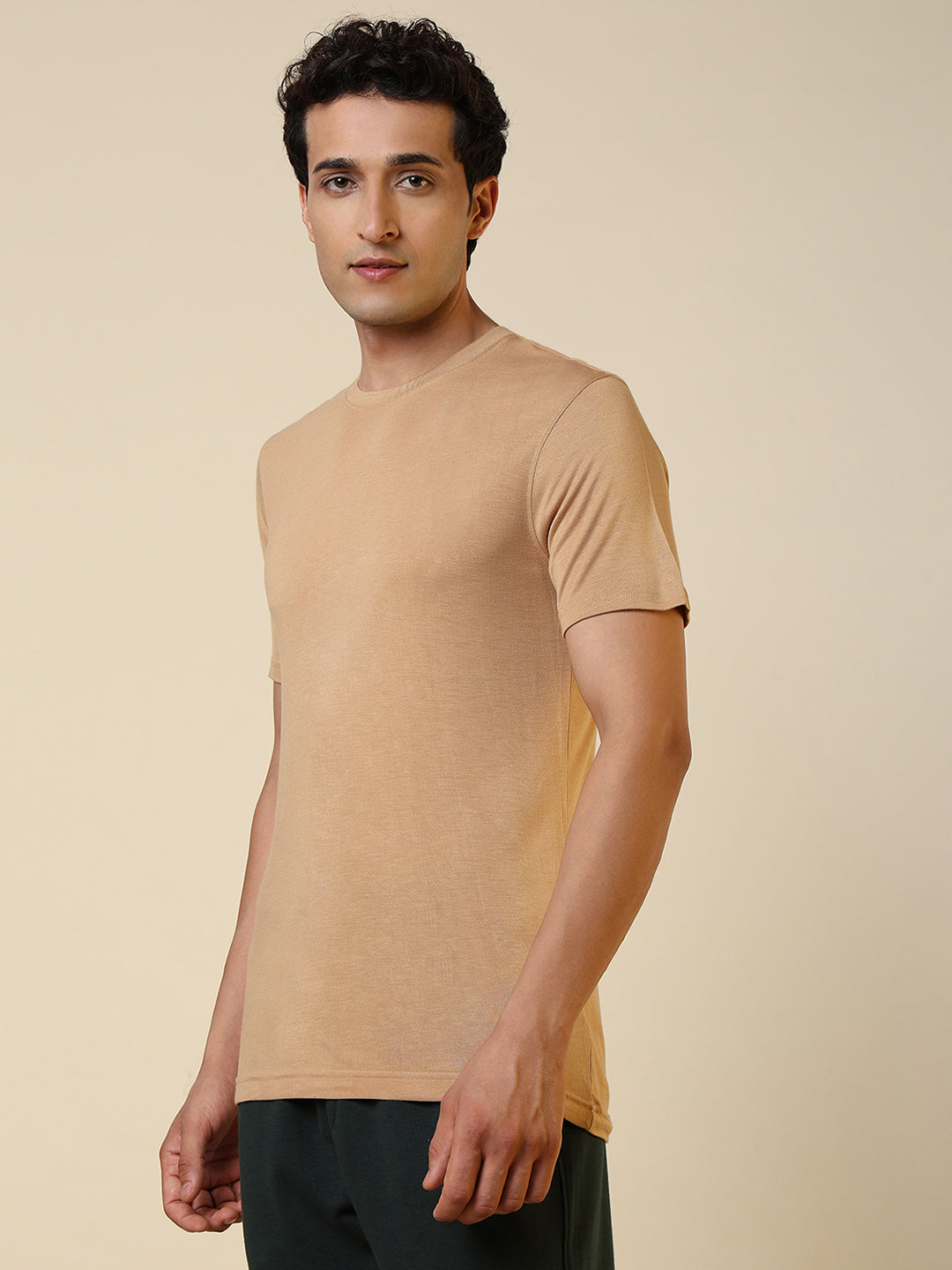 Sleepz Men Brown Solid Regular Fit Bamboo T-Shirt