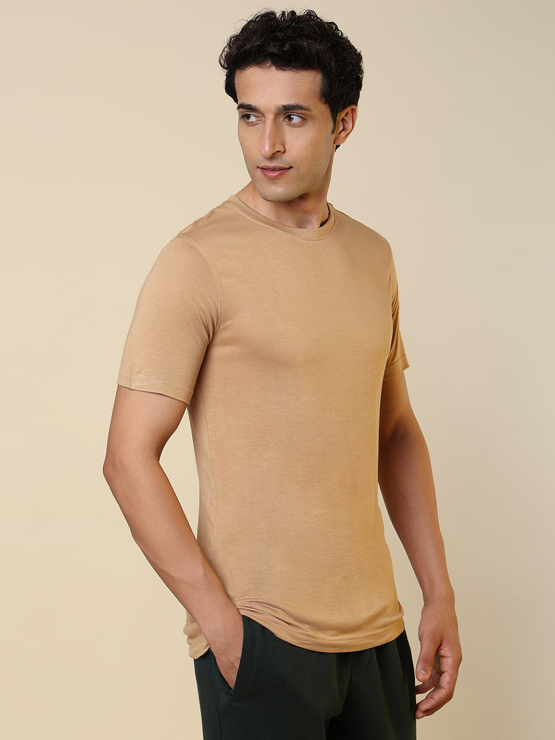 Sleepz Men Brown Solid Regular Fit Bamboo T-Shirt