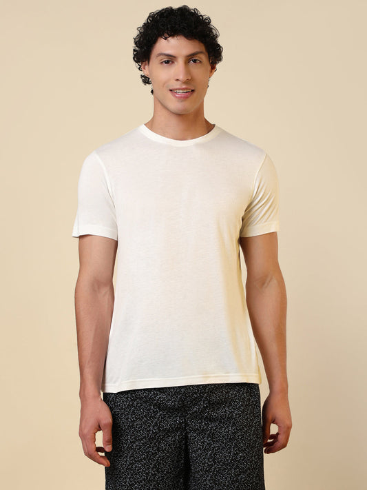 Sleepz Men White Solid Regular Fit Cotton T-Shirt