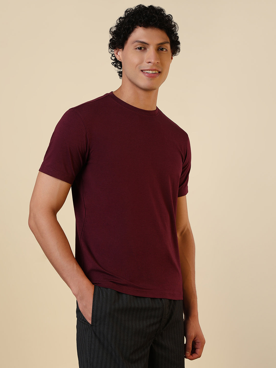 Sleepz Men Purple Solid Regular Fit Cotton Blend T-Shirt