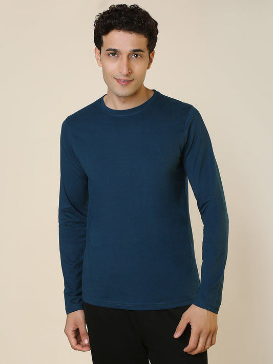 Sleepz Men Blue Solid Regular Fit Cotton T-Shirt
