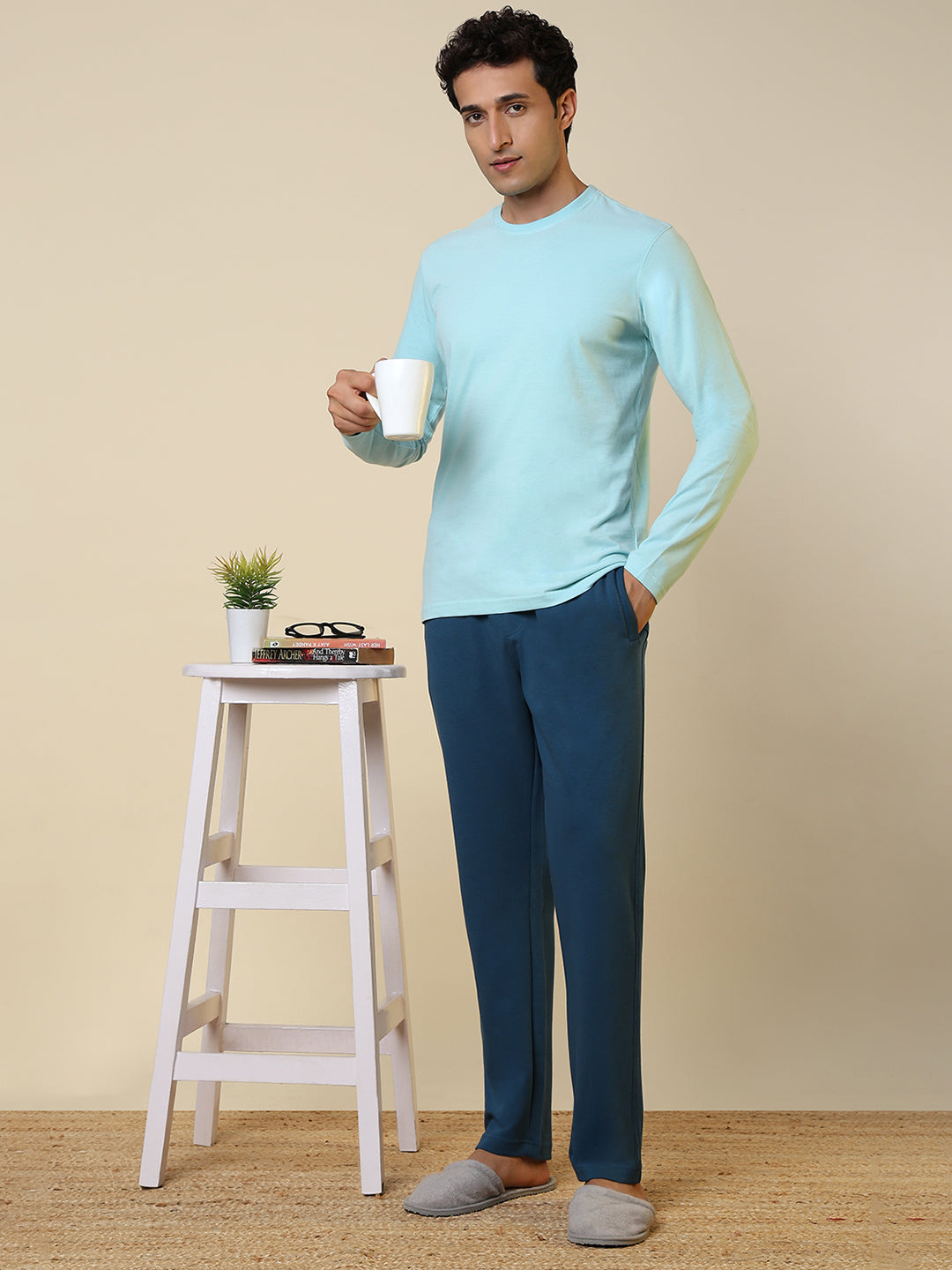 Sleepz Men Blue Solid Regular Fit Cotton Blend Trackpant
