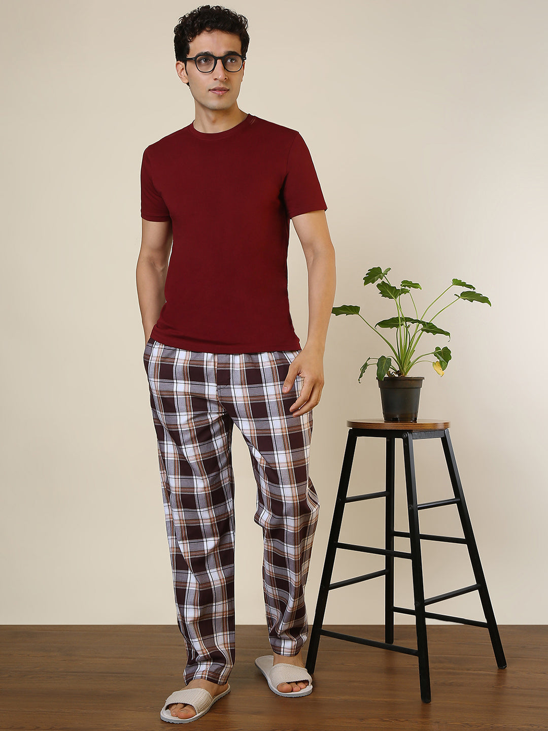 Sleepz Men Maroon Checks Regular Fit Cotton Pyjama