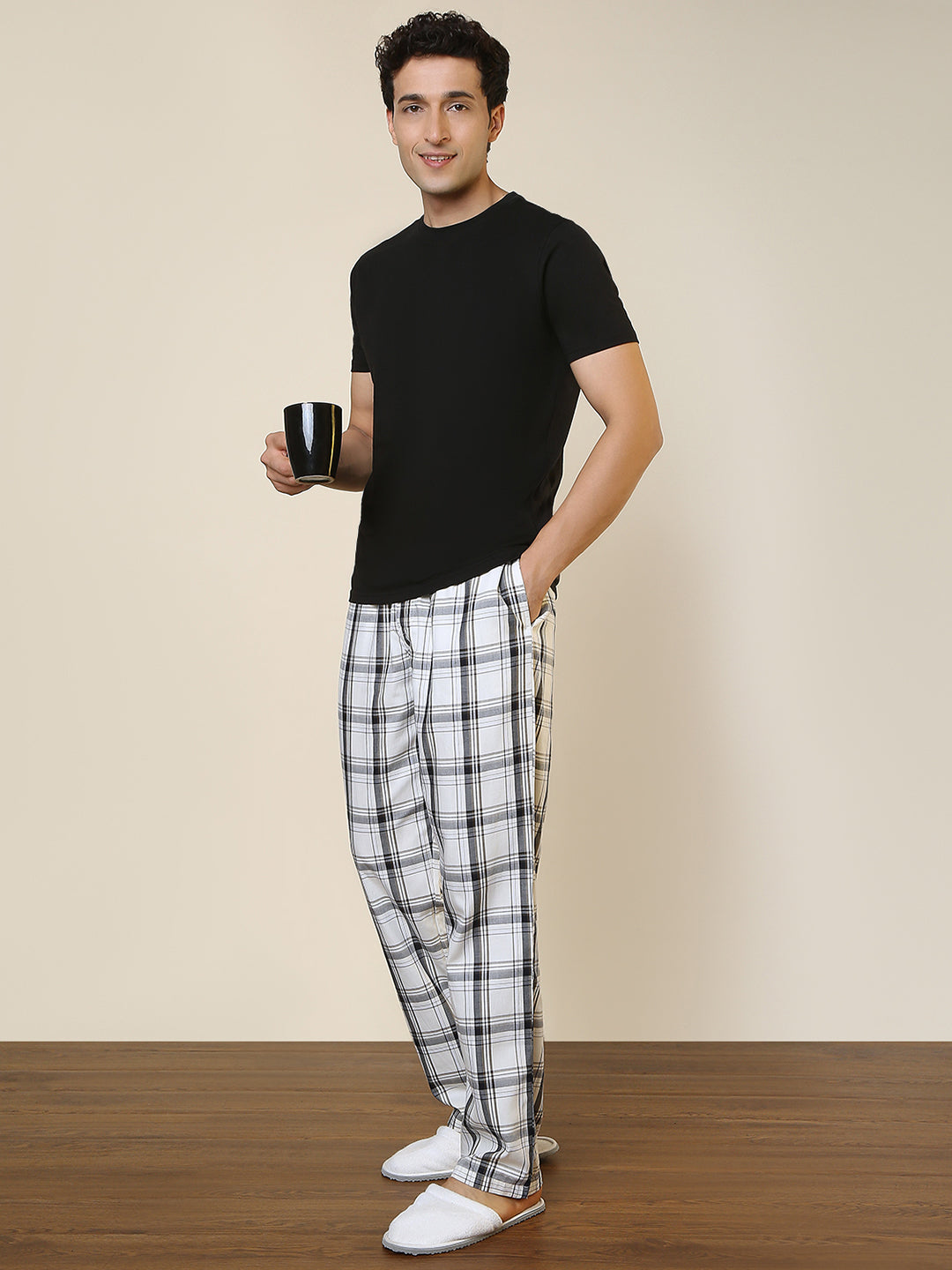 Sleepz Men White Checks Regular Fit Cotton Pyjama