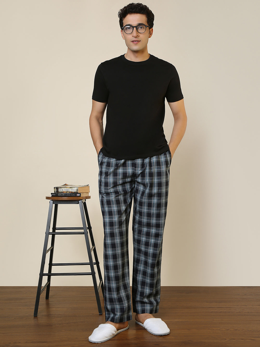 Sleepz Men Black Checks Regular Fit Cotton Pyjama