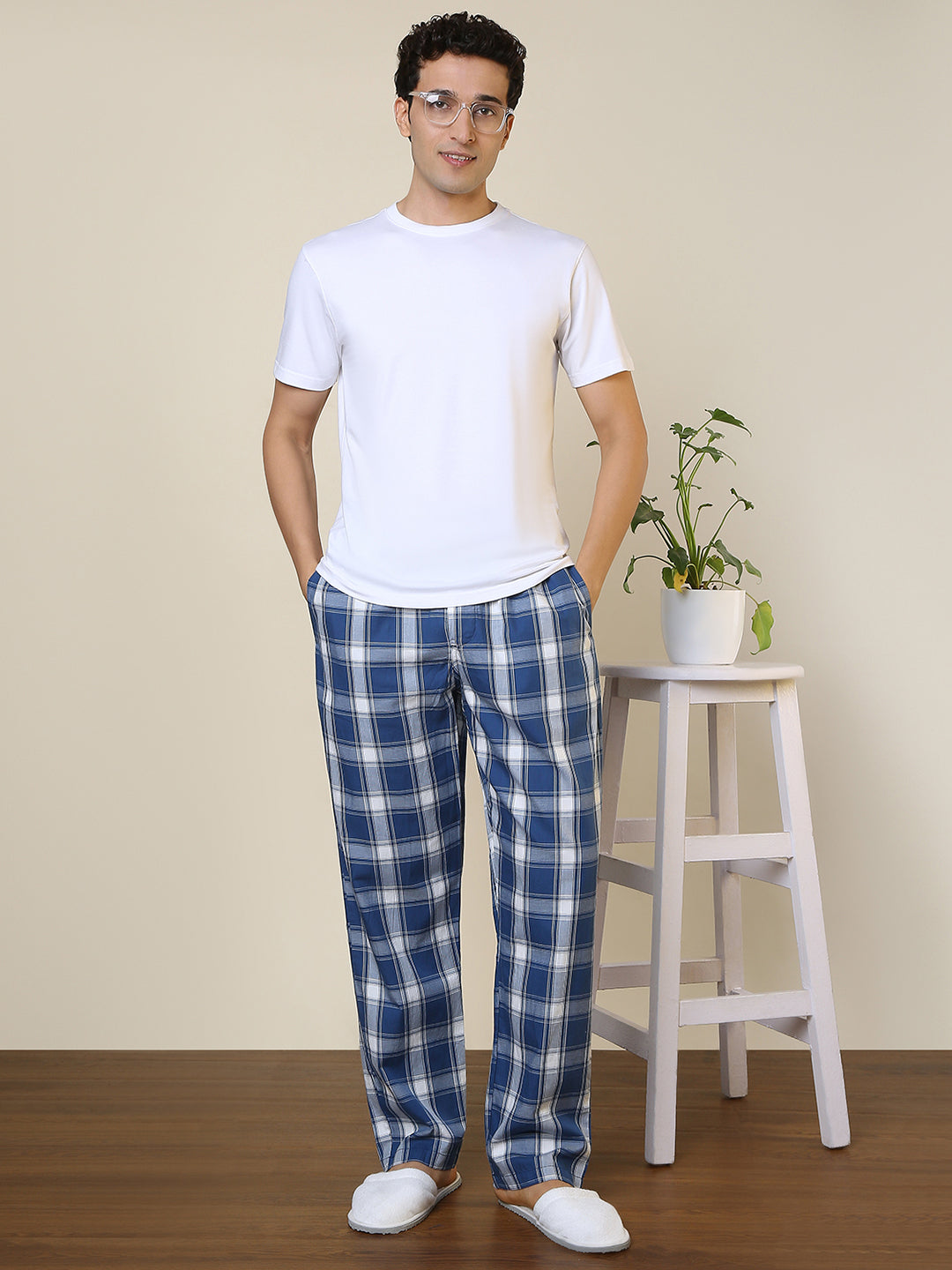 Sleepz Men Blue Checks Regular Fit Cotton Pyjama