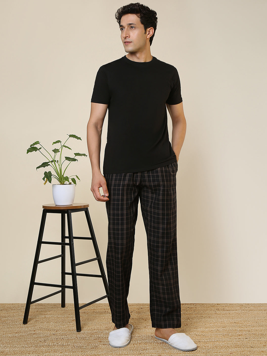 Sleepz Men Black Checks Regular Fit Cotton Pyjama