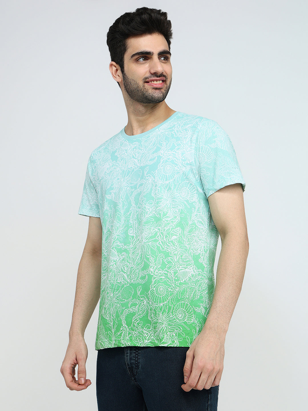 Colorplus Men Green Printed Regular Fit Cotton Half Sleeve T-Shirt