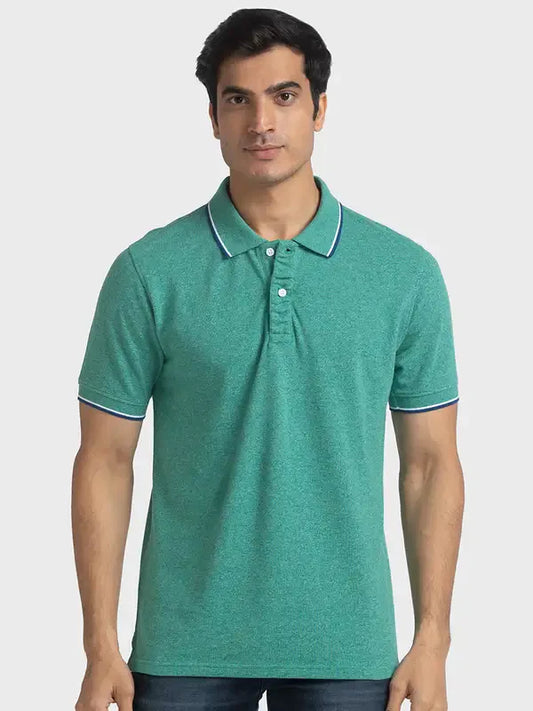 Men Green Tailored Fit Solid Cotton Half Sleeve Round Neck Collar Polo T-Shirt