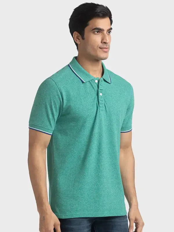 Men Green Tailored Fit Solid Cotton Half Sleeve Round Neck Collar Polo T-Shirt