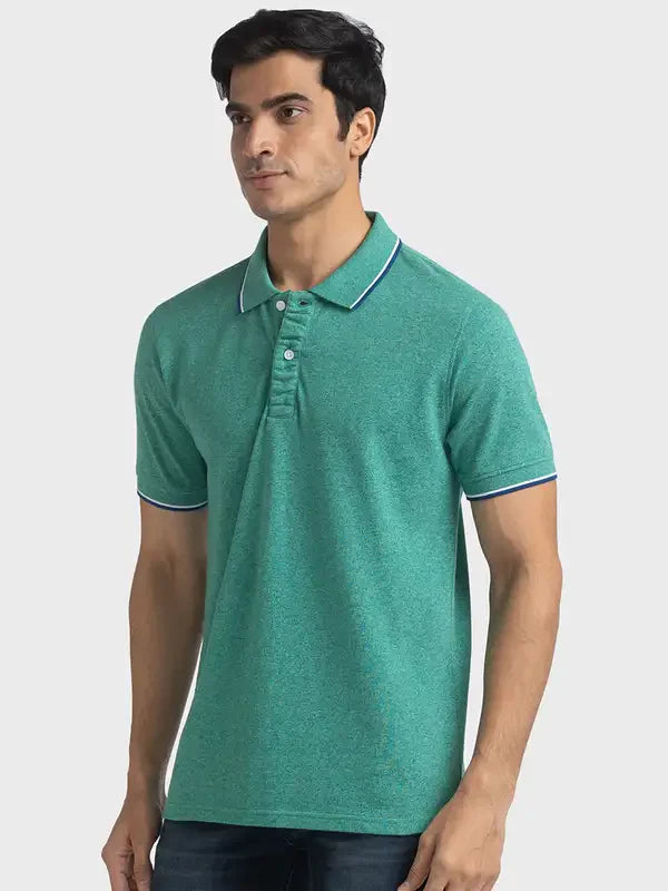 Men Green Tailored Fit Solid Cotton Half Sleeve Round Neck Collar Polo T-Shirt
