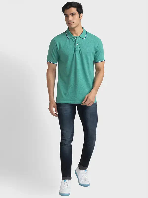 Men Green Tailored Fit Solid Cotton Half Sleeve Round Neck Collar Polo T-Shirt