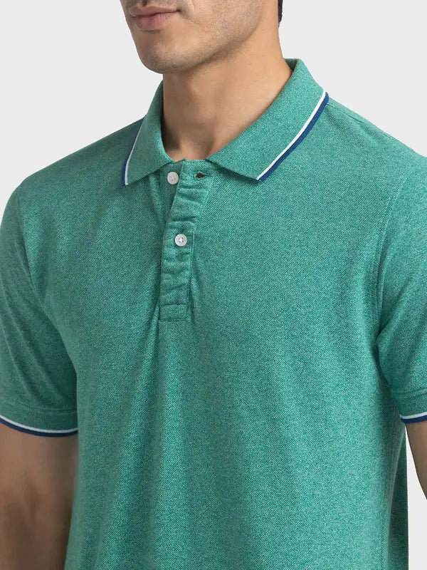 Men Green Tailored Fit Solid Cotton Half Sleeve Round Neck Collar Polo T-Shirt