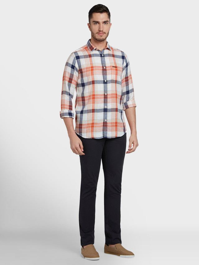 Colorplus Orange Checks Contemporary Fit Loycell Cotton Blend Casual Shirt