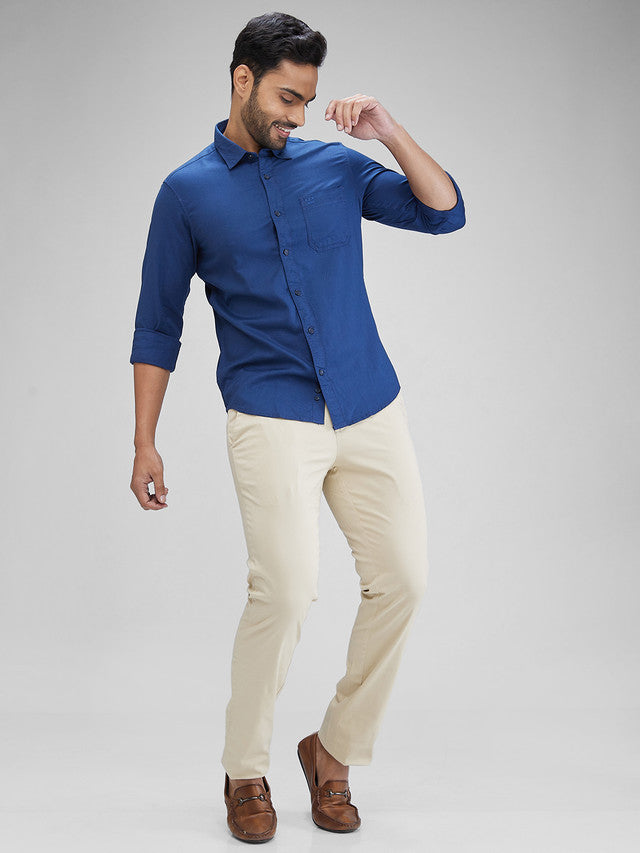Colorplus Blue Solid Piece Dyed Slim Fit Full Sleeve Cotton Shirt