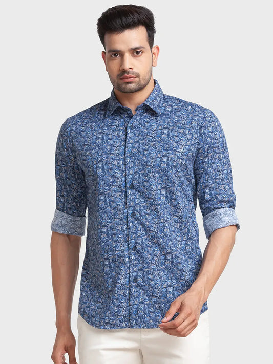 Men Blue Tailored Fit Print Cotton Full Sleeve Shirts