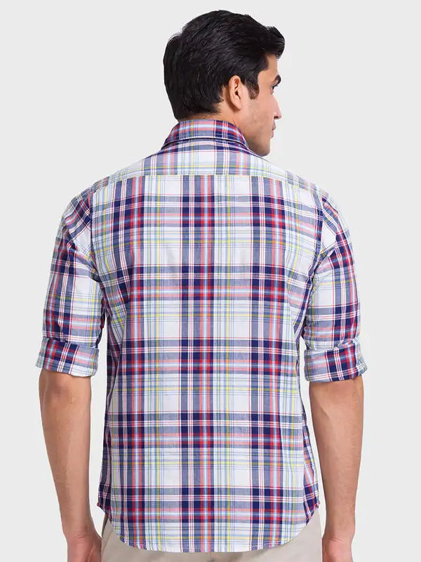 Men Blue Tailored Fit Checks Cotton Blend Full Sleeve Shirts