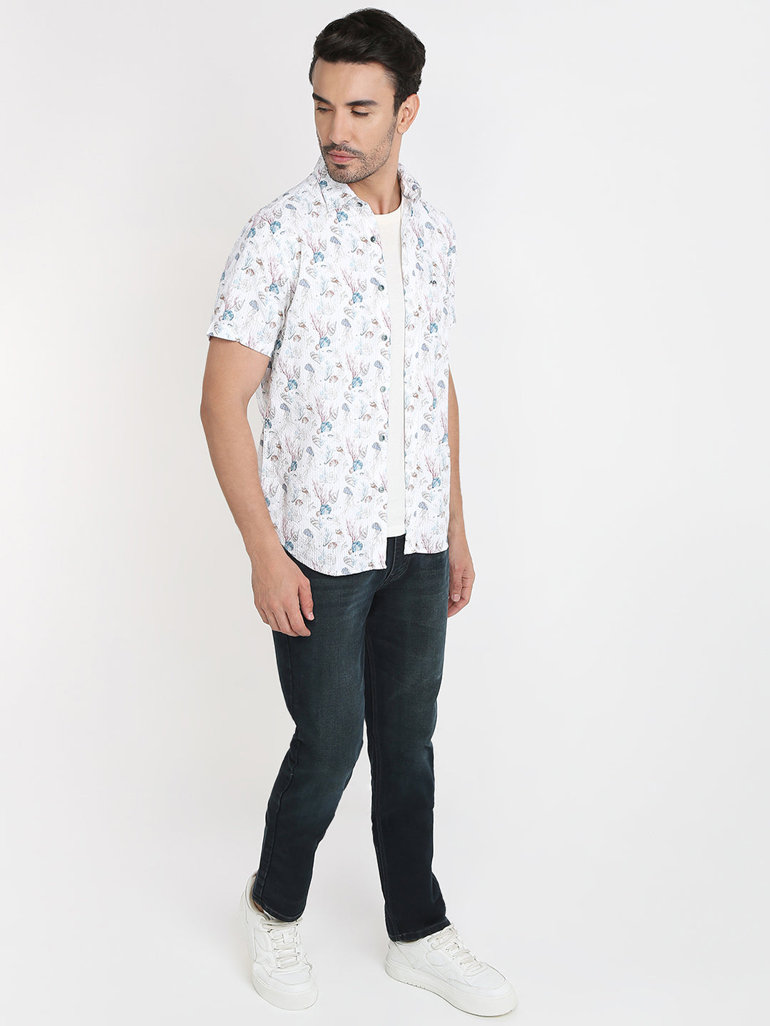 Colorplus Men Blue Printed Regular Fit Cotton Half Sleeve Casual Shirt