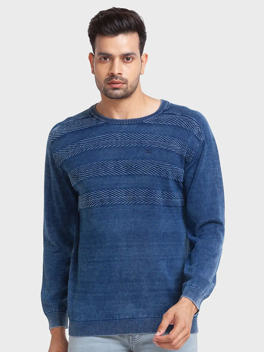 Men Blue Tailored Fit Jacquard Cotton Full Sleeve Round Collar Sweaters