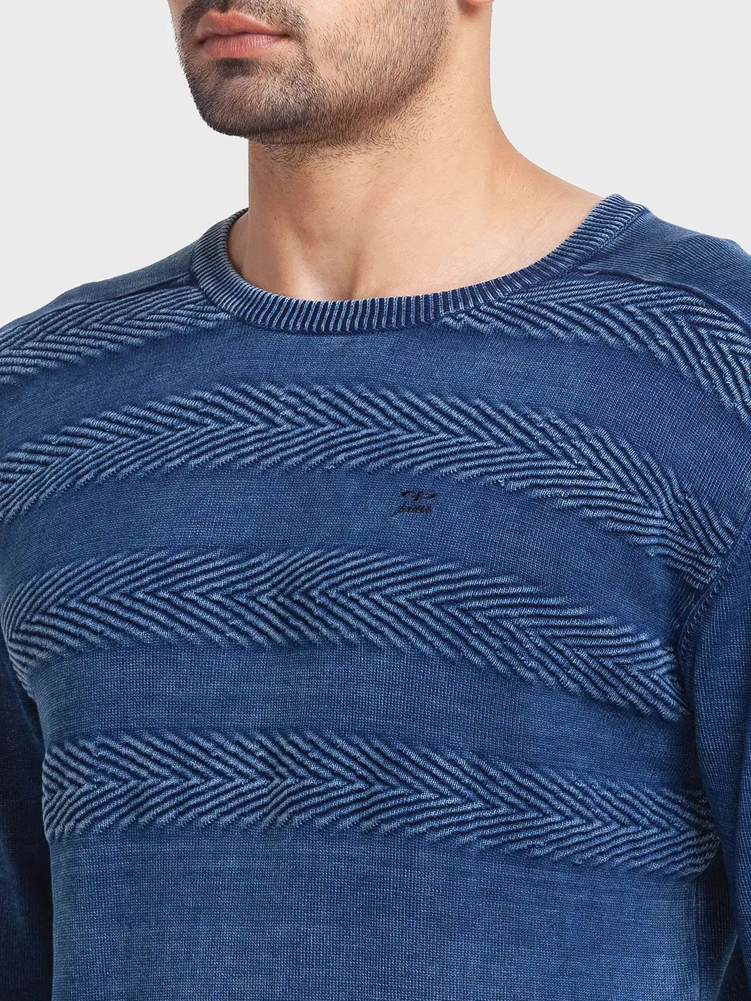 Men Blue Tailored Fit Jacquard Cotton Full Sleeve Round Collar Sweaters
