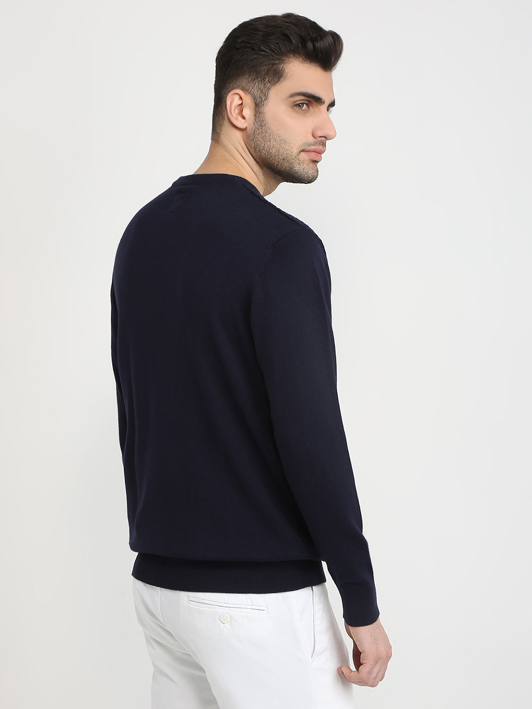 Colorplus Men Blue Jacquard Regular Fit Cotton Full Sleeve Round Neck Collar Sweater