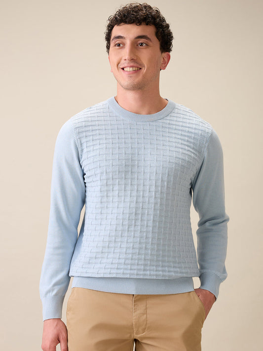 Colorplus Men Blue Jacquard Regular Fit Cotton Full Sleeve Round Neck Collar Sweater