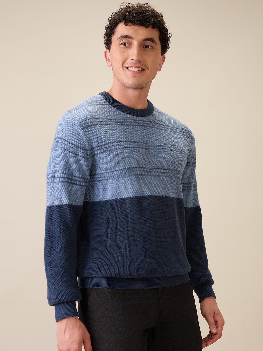 Colorplus Men Grey Jacquard Regular Fit Cotton Full Sleeve Round Neck Collar Sweater