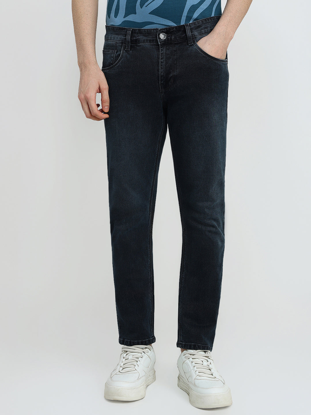 Colorplus Men Grey Plain Mid Rise Slim Fit Cotton Blend Jeans