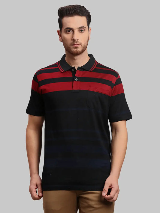 Men Black Classic Fit Stripe Cotton Half Sleeve T-Shirt