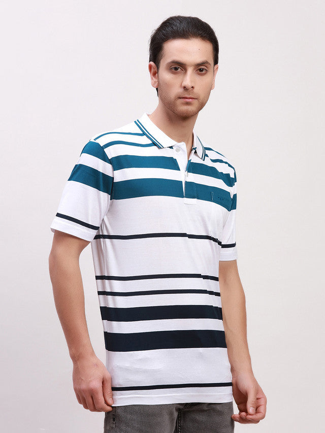 Colorplus Men White Striped Classic Fit Half Sleeve Polo Neck T-Shirt
