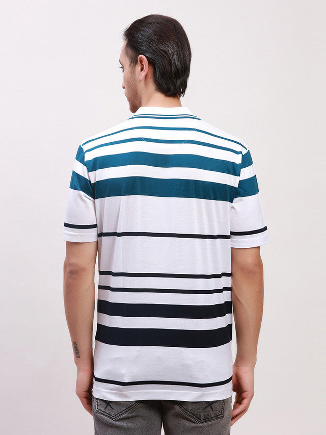 Colorplus Men White Striped Classic Fit Half Sleeve Polo Neck T-Shirt