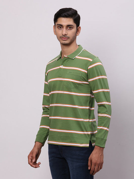 Colorplus Men Green Stripe Regular Fit Cotton T-Shirt