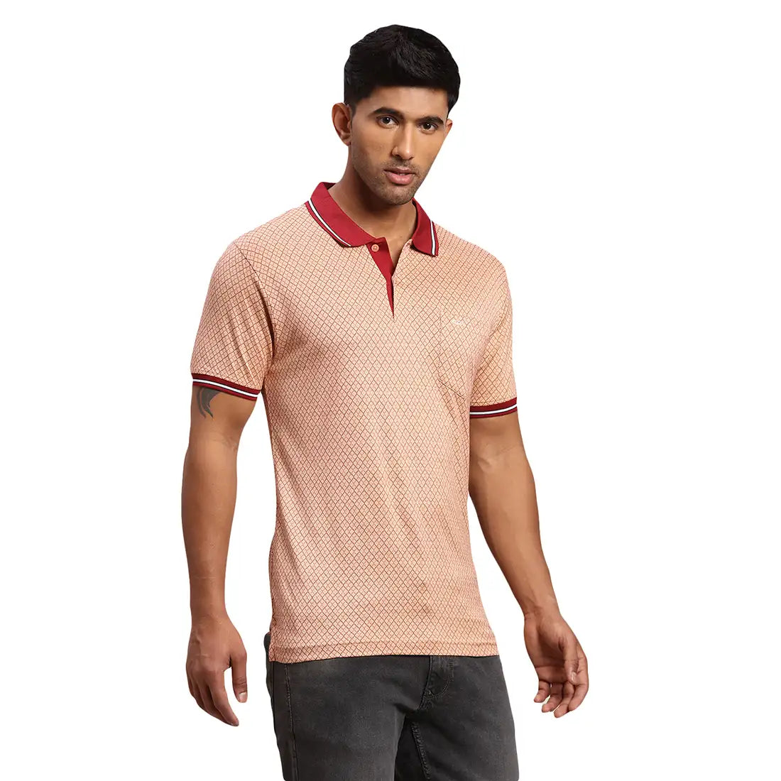 Men Red Tailored Fit Jacquard Cotton Half Sleeve T-Shirt