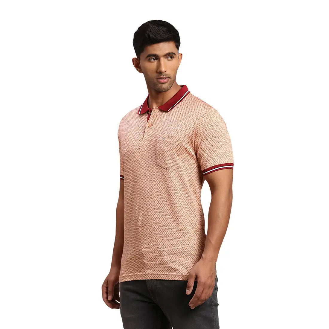 Men Red Tailored Fit Jacquard Cotton Half Sleeve T-Shirt