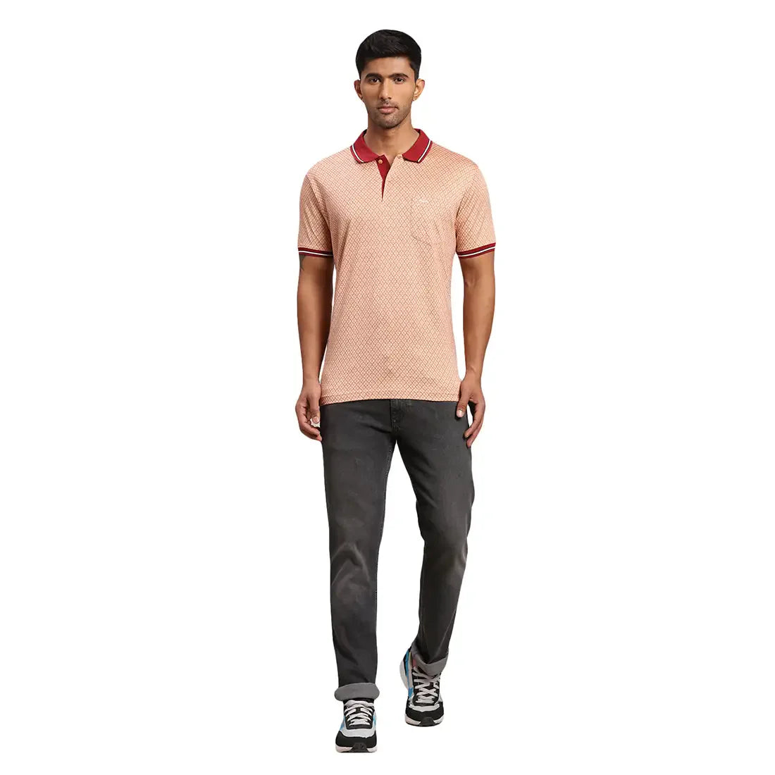 Men Red Tailored Fit Jacquard Cotton Half Sleeve T-Shirt
