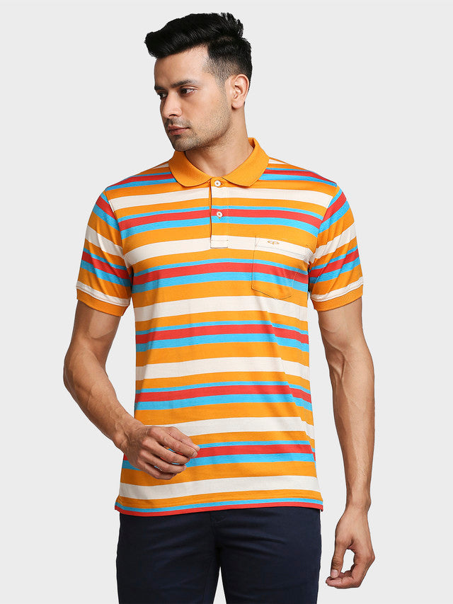 Colorplus Men Orange Striped Tailored Fit Half Sleeve Polo Neck T-Shirt