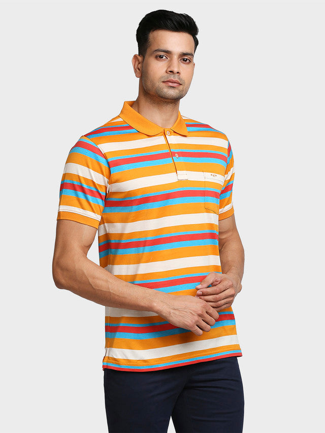Colorplus Men Orange Striped Tailored Fit Half Sleeve Polo Neck T-Shirt