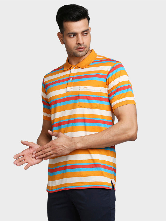 Colorplus Men Orange Striped Tailored Fit Half Sleeve Polo Neck T-Shirt