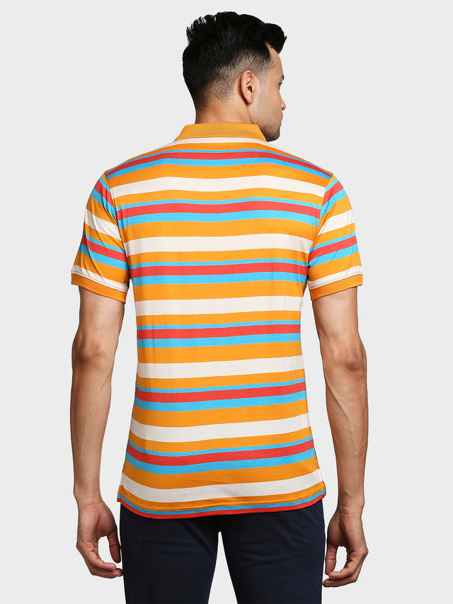Colorplus Men Orange Striped Tailored Fit Half Sleeve Polo Neck T-Shirt