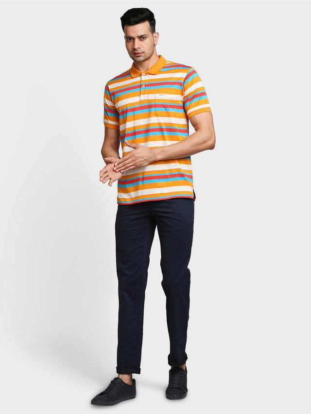 Colorplus Men Orange Striped Tailored Fit Half Sleeve Polo Neck T-Shirt
