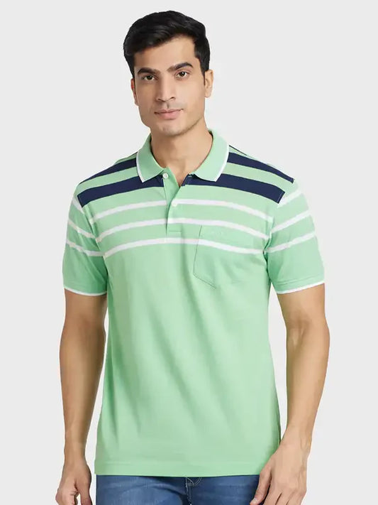 Men Green Tailored Fit Stripe Cotton Half Sleeve T-Shirt