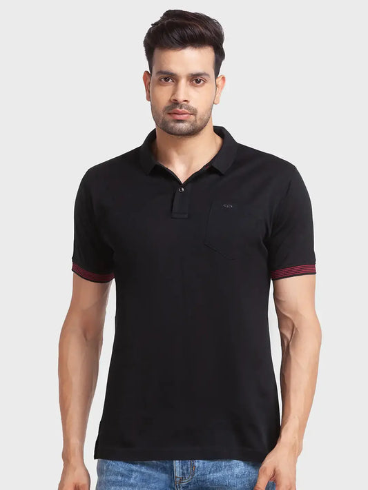 Men Black Tailored Fit Solid Cotton Half Sleeve T-Shirt