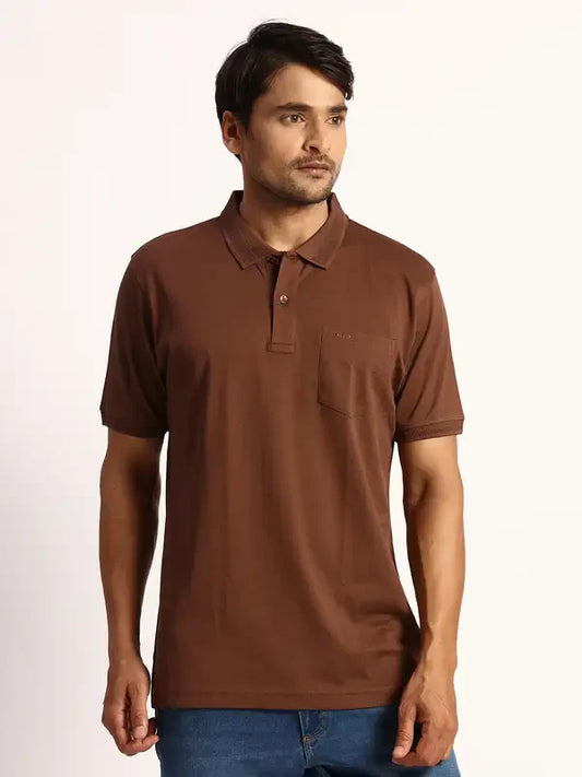 Men Brown Tailored Fit Solid Cotton Half Sleeve T-Shirt
