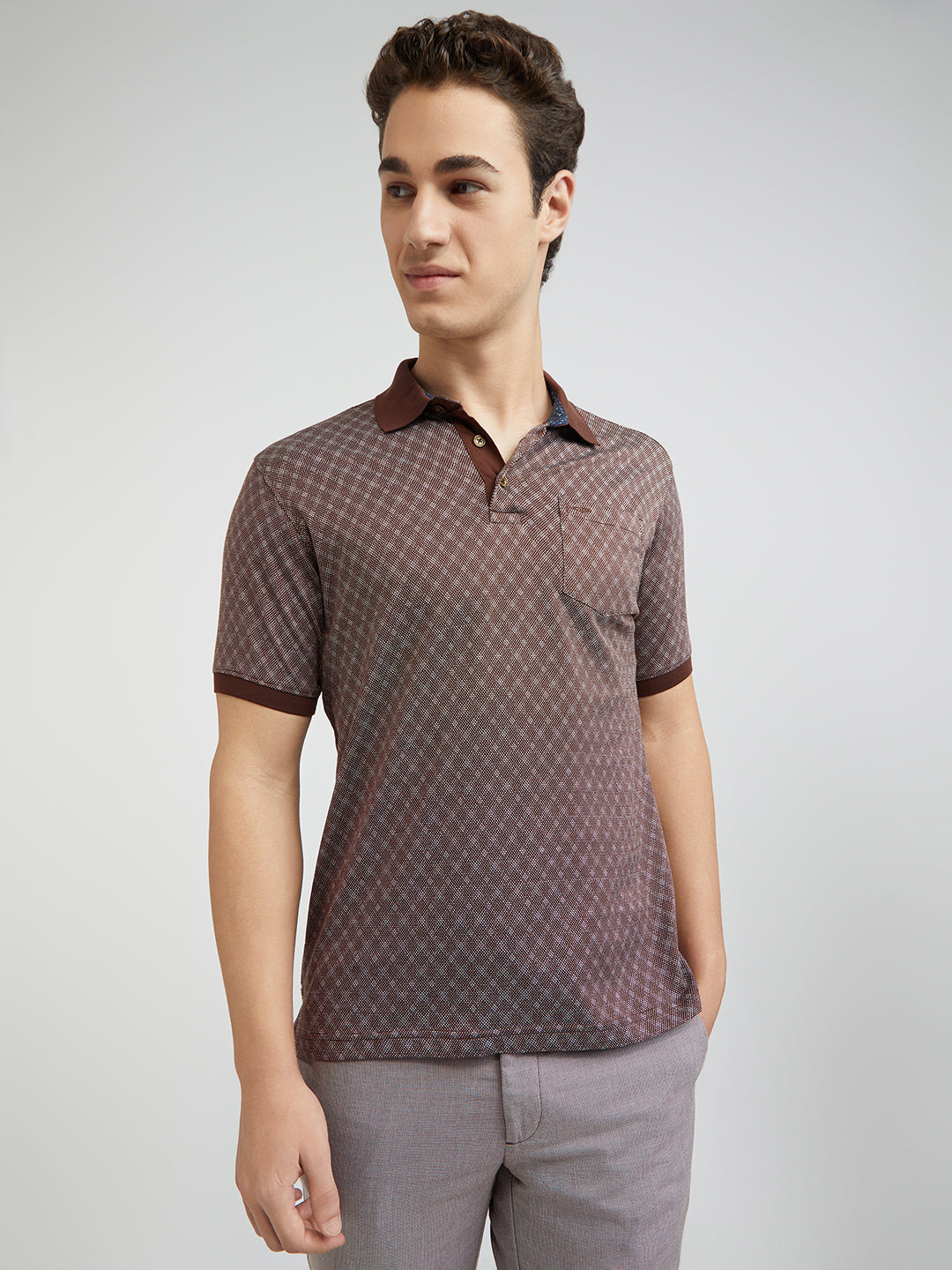 Colorplus Brown Jacquard Regular Fit Cotton T-Shirt
