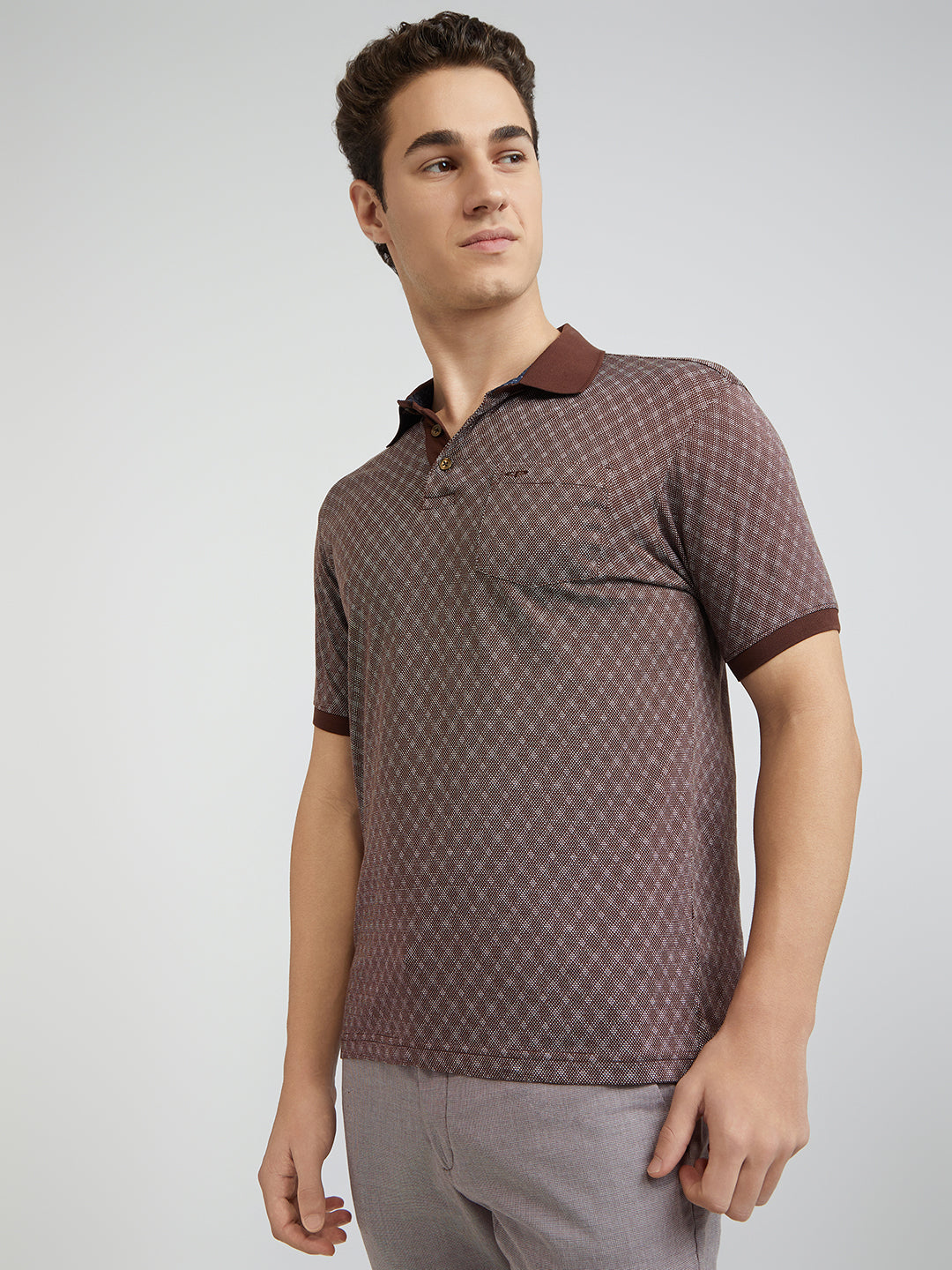 Colorplus Brown Jacquard Regular Fit Cotton T-Shirt