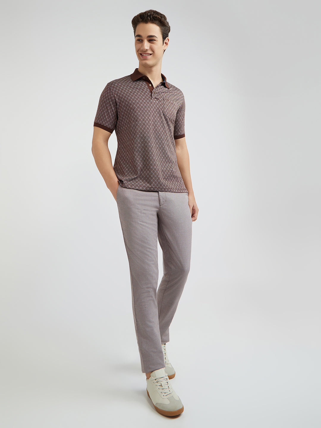 Colorplus Brown Jacquard Regular Fit Cotton T-Shirt